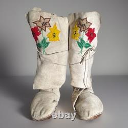 Antique NATIVE AMERICAN BEADED MOCCASINS, MIDCALF HEIGHT, Circa 1940's