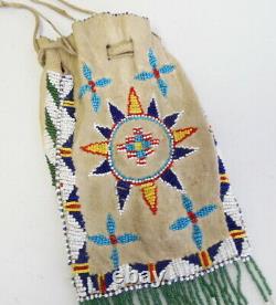 Antique Native American Apache Possibles Bag with Beaded Sun & Whirling Log Design