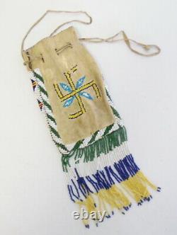 Antique Native American Apache Possibles Bag with Beaded Sun & Whirling Log Design