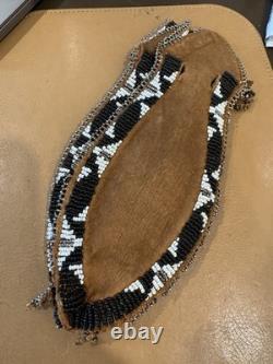 Antique Native American Beaded Hide Pipe Tobacco Bag Cut Steel Beads c1900 Plain