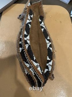 Antique Native American Beaded Hide Pipe Tobacco Bag Cut Steel Beads c1900 Plain