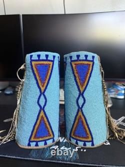 Antique Native American Beaded Wrist Cuffs Plains Style, Hand-Beaded