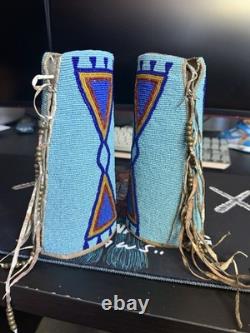 Antique Native American Beaded Wrist Cuffs Plains Style, Hand-Beaded