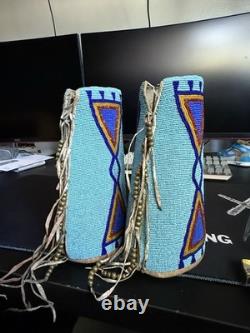 Antique Native American Beaded Wrist Cuffs Plains Style, Hand-Beaded Antique Native American Beaded Wrist Cuffs Plains Style, Hand-Beaded