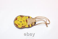 Antique Native American Blackfoot Indian Beaded Buffalo Hide Circle Pouch