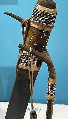 Antique Native American Indian Beaded Handle Knife On Deer Antler Stand. SPECIAL