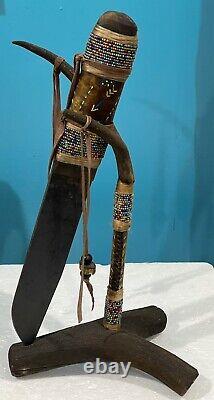 Antique Native American Indian Beaded Handle Knife On Deer Antler Stand. SPECIAL