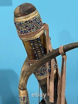 Antique Native American Indian Beaded Handle Knife On Deer Antler Stand. SPECIAL