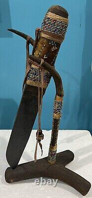 Antique Native American Indian Beaded Handle Knife On Deer Antler Stand. SPECIAL