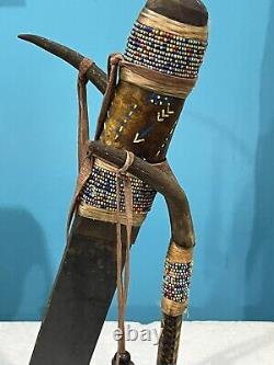 Antique Native American Indian Beaded Handle Knife On Deer Antler Stand. SPECIAL