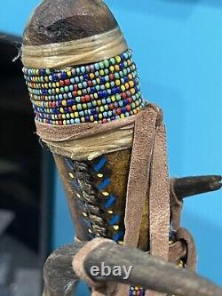 Antique Native American Indian Beaded Handle Knife On Deer Antler Stand. SPECIAL