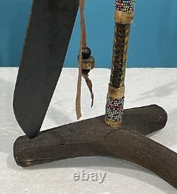 Antique Native American Indian Beaded Handle Knife On Deer Antler Stand. SPECIAL