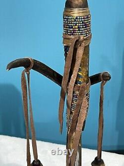 Antique Native American Indian Beaded Handle Knife On Deer Antler Stand. SPECIAL