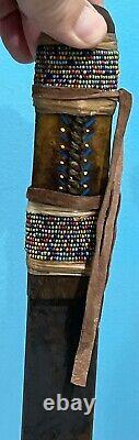 Antique Native American Indian Beaded Handle Knife On Deer Antler Stand. SPECIAL