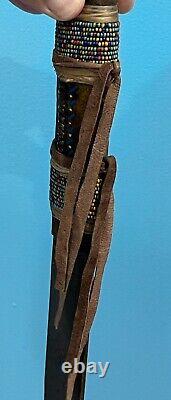 Antique Native American Indian Beaded Handle Knife On Deer Antler Stand. SPECIAL