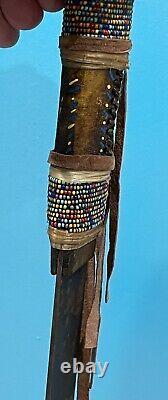 Antique Native American Indian Beaded Handle Knife On Deer Antler Stand. SPECIAL