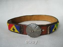 Antique Native American Indian Sterling Silver Belt Buckle Beaded Leather Belt