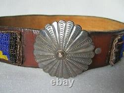 Antique Native American Indian Sterling Silver Belt Buckle Beaded Leather Belt