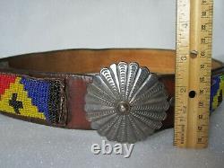 Antique Native American Indian Sterling Silver Belt Buckle Beaded Leather Belt