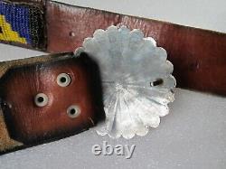 Antique Native American Indian Sterling Silver Belt Buckle Beaded Leather Belt