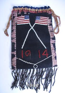 Antique Native American Iroquois Beaded Bag Double Sided American Flags 1914