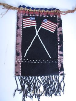 Antique Native American Iroquois Beaded Bag Double Sided American Flags 1914