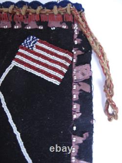 Antique Native American Iroquois Beaded Bag Double Sided American Flags 1914