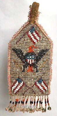 Antique Native American Pocket Watch Fob Beaded Eagle Flag Patriotic