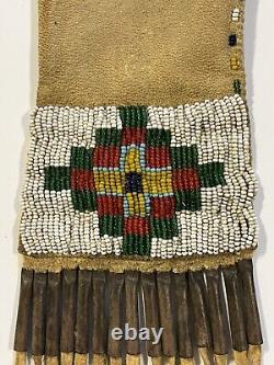 Antique Native American Sioux Indian Beaded Short Tobacco Bag 1880's To 1900's