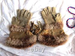 Antique Native American Woodland Fully Beaded Hide Gauntlet Gloves 1950's
