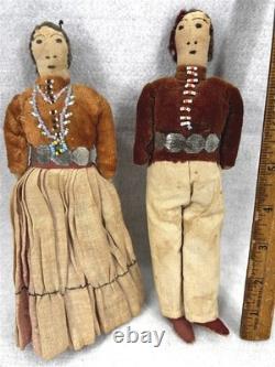 Antique Native American dolls pair man woman 8 in. Apache Southwest signed 1800