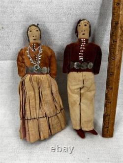 Antique Native American dolls pair man woman 8 in. Apache Southwest signed 1800