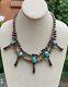 Antique Navajo Pearl Sterling Silver Blue Turquoise Squash Blossom Necklace