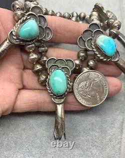 Antique Navajo Pearl Sterling Silver Blue Turquoise Squash Blossom Necklace