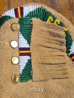 Antique Plateau Beaded Moccasins Rare Mens Size 12 Sheepskin Brass Trade Spots
