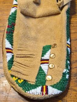 Antique Plateau Beaded Moccasins Rare Mens Size 12 Sheepskin Brass Trade Spots