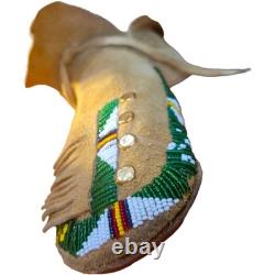 Antique Plateau Beaded Moccasins Rare Mens Size 12 Sheepskin Brass Trade Spots