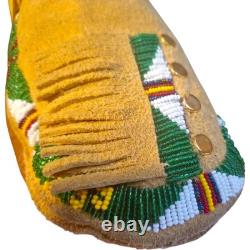 Antique Plateau Beaded Moccasins Rare Mens Size 12 Sheepskin Brass Trade Spots