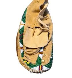Antique Plateau Beaded Moccasins Rare Mens Size 12 Sheepskin Brass Trade Spots