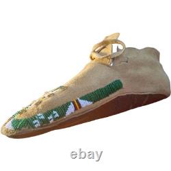 Antique Plateau Beaded Moccasins Rare Mens Size 12 Sheepskin Brass Trade Spots