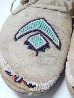 Antique Vintage Kiowa Indian Beaded Moccasins Hard Soles Brain Tanned