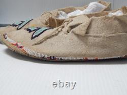 Antique Vintage Kiowa Indian Beaded Moccasins Hard Soles Brain Tanned