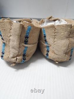 Antique Vintage Kiowa Indian Beaded Moccasins Hard Soles Brain Tanned
