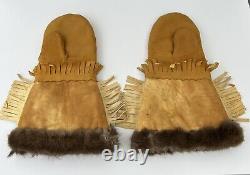 Antique / Vintage Native American Indian Beaded Leather Gauntlet Mittens