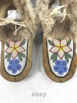 Antique moccasins beaded fur slippers Native American Eskimo hand made Alaska