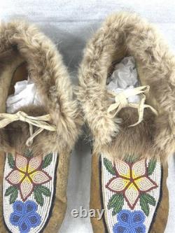 Antique moccasins beaded fur slippers Native American Eskimo hand made Alaska
