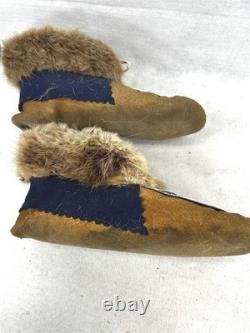 Antique moccasins beaded fur slippers Native American Eskimo hand made Alaska