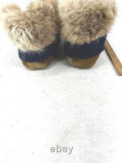 Antique moccasins beaded fur slippers Native American Eskimo hand made Alaska