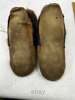 Antique moccasins beaded fur slippers Native American Eskimo hand made Alaska