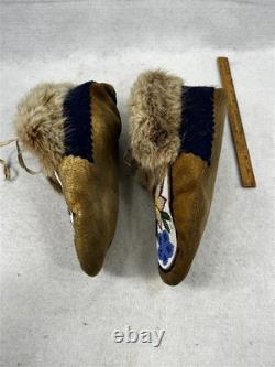 Antique moccasins beaded fur slippers Native American Eskimo hand made Alaska